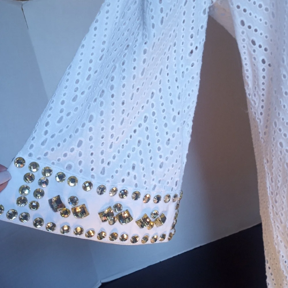 Juliette Eyelet Bejeweled Rhinestone Tunic Top Swim Coverup Women Size Medium